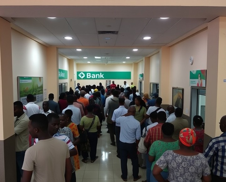 Before — A single line for every transaction type, with the wait piling up at the entrance.